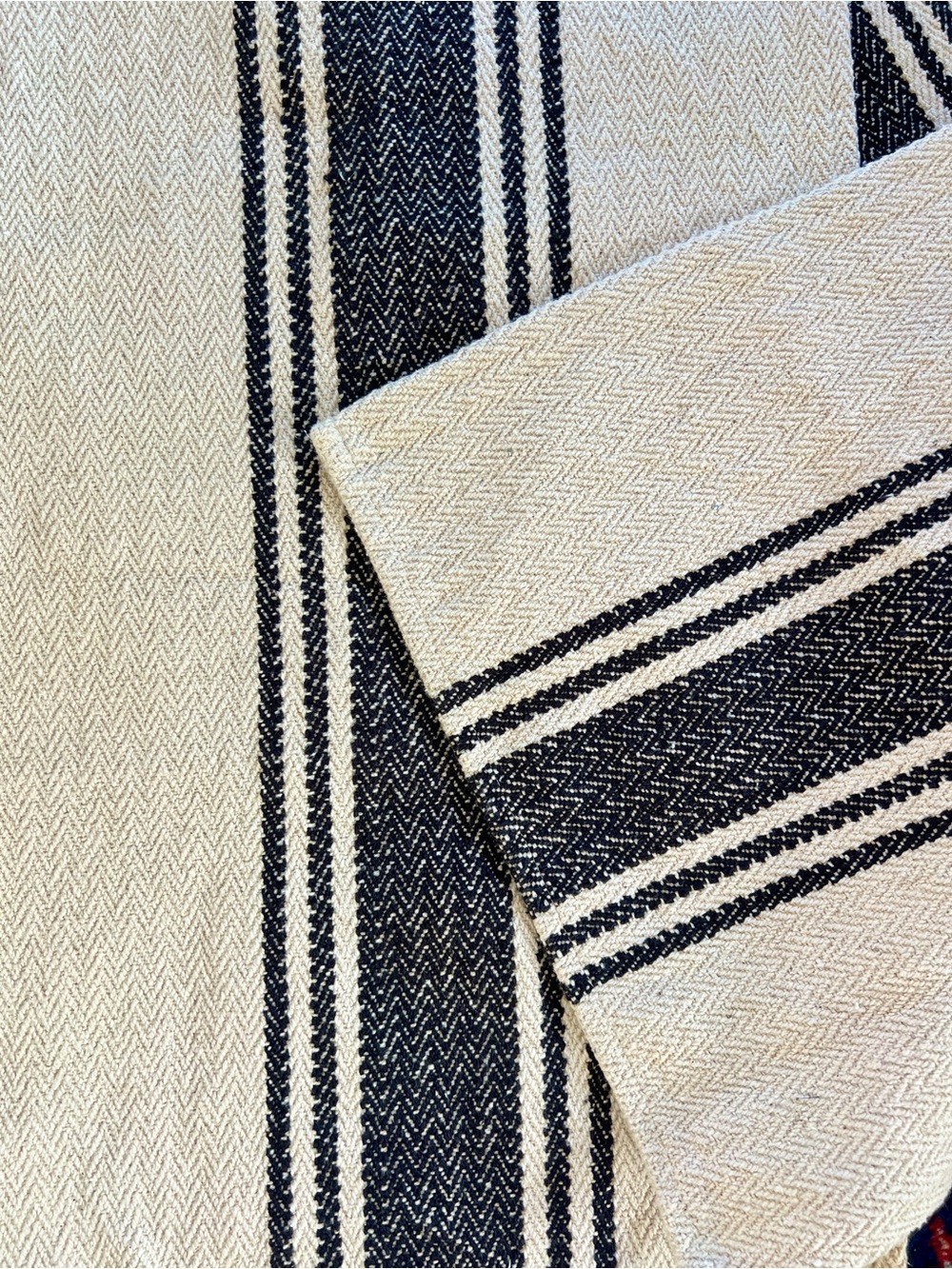 Farmhouse navy blue white woven cotton table runner French grain sack Magnolia